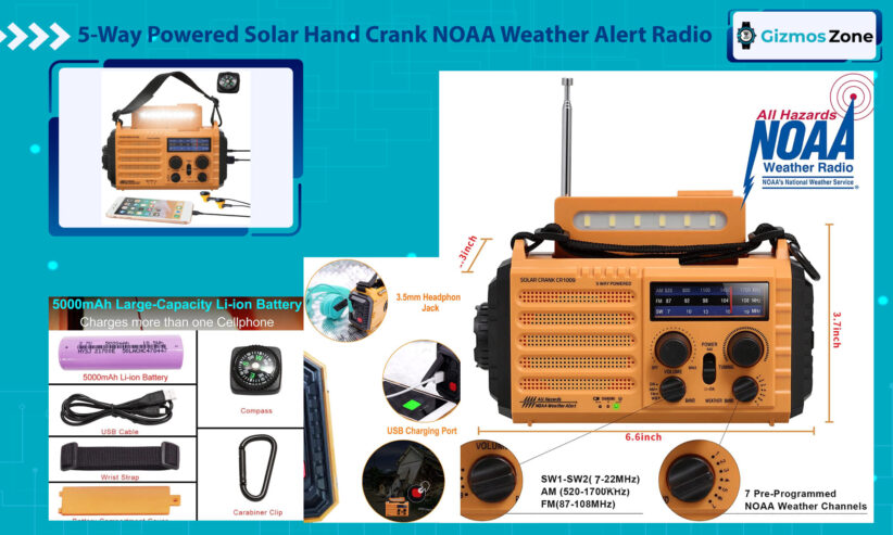 5-Way Powered Solar Hand Crank NOAA Weather Alert Radio