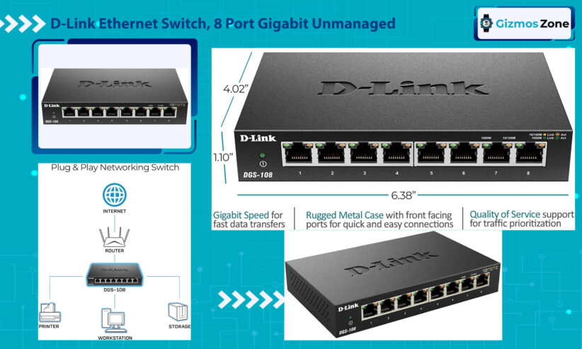 D-Link Ethernet Switch, 8 Port Gigabit Unmanaged