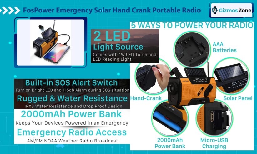 FosPower Emergency Solar Hand Crank Portable Radio