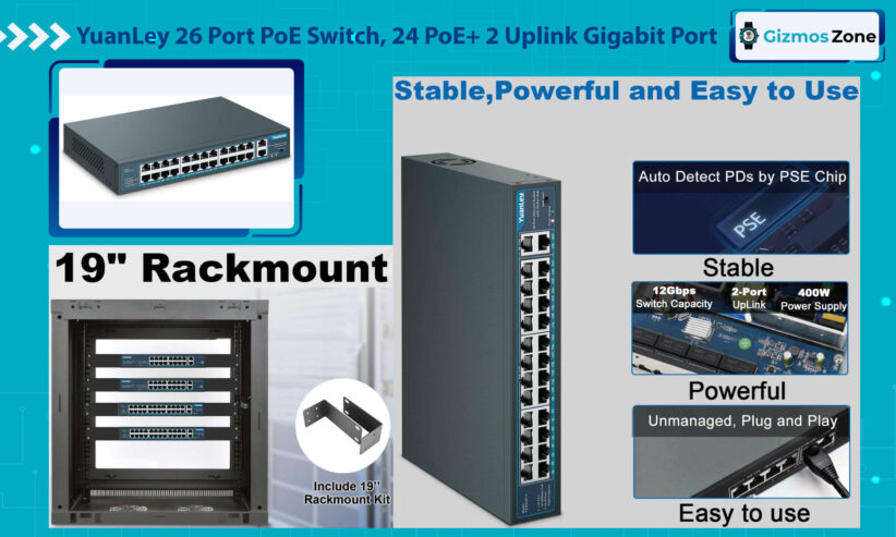 YuanLey 26 Port PoE Switch, 24 PoE+ 2 Uplink Gigabit Port